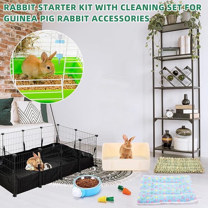 104 Pcs Rabbit Starter Kit Litter Box Bunny Tunnel Pet Playpen with Waterproof Mat Water Bottle Animal Grooming Kit Bowl Blankets with Cleaning Set for Guinea Pig Rabbit Accessories-PawvioPets