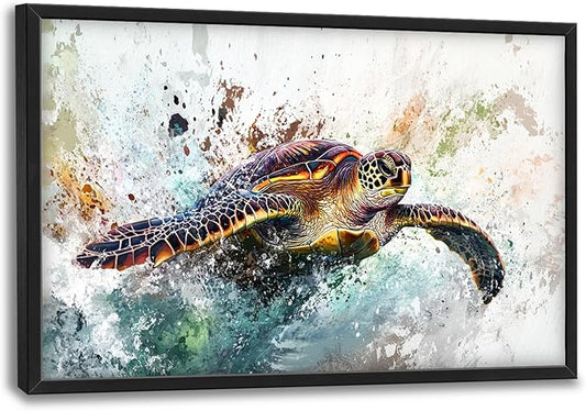 Extra Large Framed Sea Turtle Wall Art,Oversized Abstract Colorful Sea Nautical Wall Decor Pictures for Living Room,Canvas Print Painting Modern Artwork Bedroom Office Bathroom Home Decor 36L x24W-PawvioPets