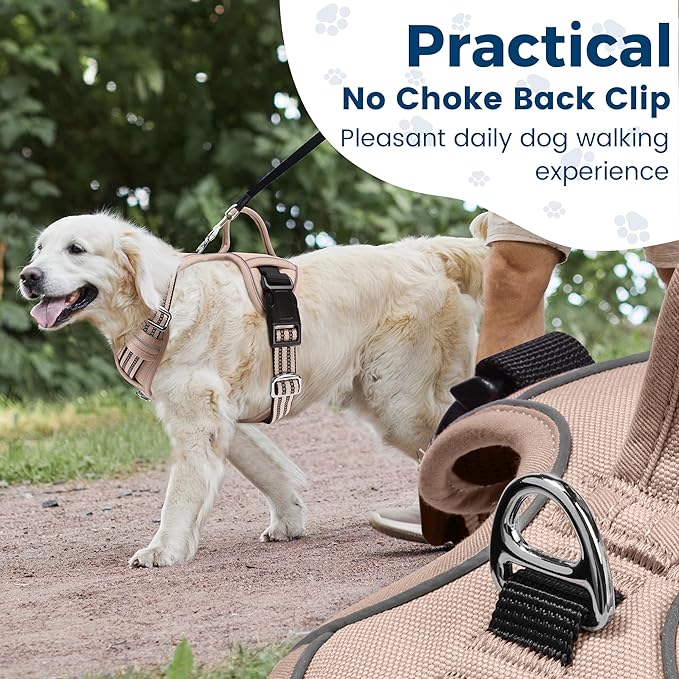 Funfox Dog Harness No Pull, Adjustable Pet Vest Harness, Super Soft Material with Vertical Handle Easy Control, Reflective Night Walking, 2 Leash Clips for Large Dogs, Brown, L-PawvioPets