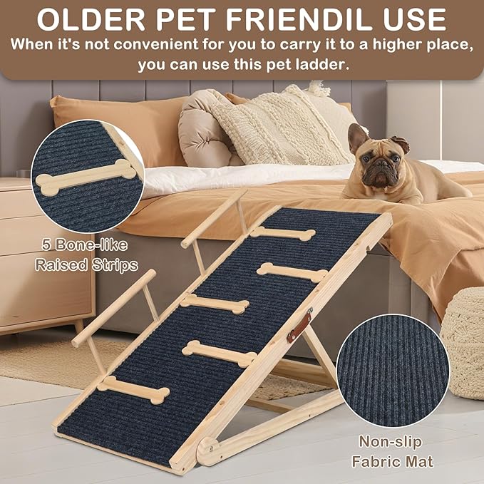 Dog Ramp for Bed, Non-Slip Pet Ramp with 5 Adjustable Heights, Portable Foldable Wooden 40" Long Pet Stairs for Small & Large Old Dogs & Cats - Lightweight & Easy Storage-PawvioPets