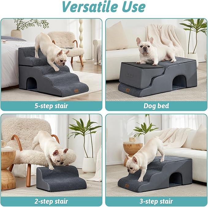 Extra Wide Dog Stairs with Tunnel, Detachable Large Pet Step for Small Medium Dog, Puppy or Cat, Ramp for High Bed, Couch, Sofa or Car, Stable, 19.7x33x22.4 inch, 5 Step, Dark Grey-PawvioPets
