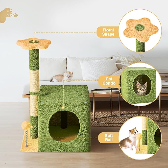 24 Inch Cat Tree Condo for Indoor Cats with Floral Sisal Scratching Post, Plush Hang Ball Play Furniture for Kittens Cats, Yellow-PawvioPets