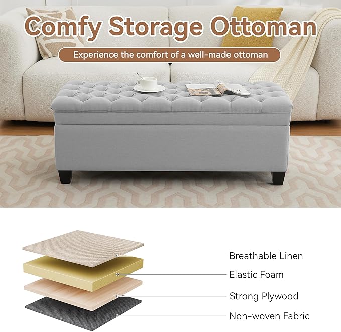 51" Fabric Storage Ottoman Bench, Upholstered Rectangle End of Bed Storage Ottoman Tufted Living Room Bedroom Bench with Safety Hinge, Solid Wood Legs, Loads 500 lb(Light Grey)-PawvioPets