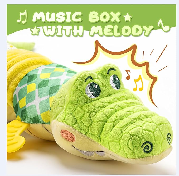 Baby Toys 0 to 12 Months, Musical Stuffed Animals Activity Soft Toy with Multi-Sensory Crinkle, Rattle and Textures, Infant Tummy Time Toys for Newborn Boys Girls, Crocodile, Green-PawvioPets