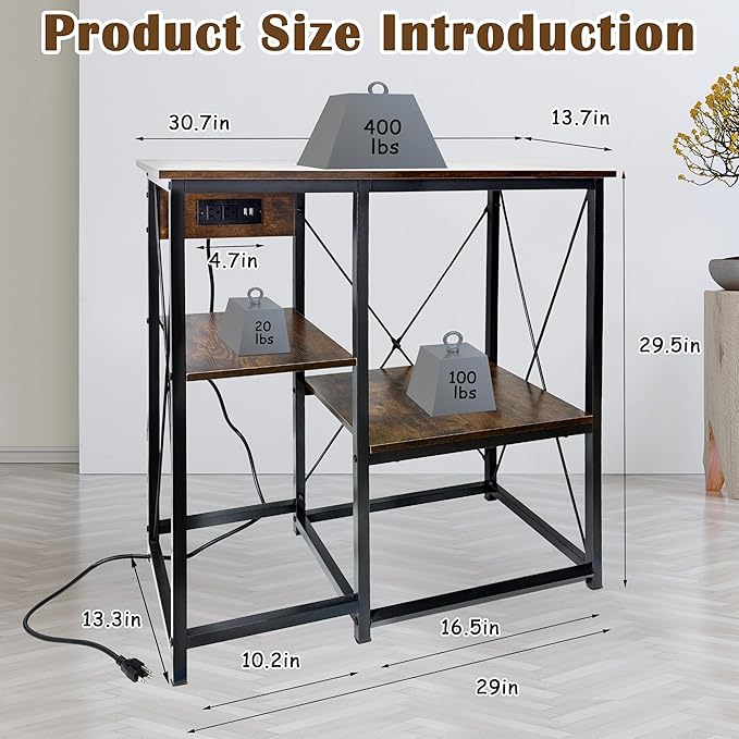 20-37 Gallon Fish Tank Stand with Power Outlet, 30.7"x13.8" Metal Frame Fish Stand, 3-Tier Wood Aquarium Stand, 400LBS Capacity Reptile Terrarium Stand-PawvioPets