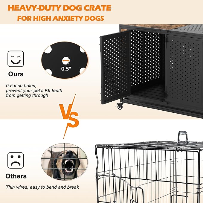 42" Heavy Duty Dog Crate Furniture for Large and Medium Dogs, Enclosed Design with 0.5 inch Holes, Indestructible Metal Kennel for High Anxiety Dogs, Chew Proof Pet House Cage Indoor, Brown-PawvioPets