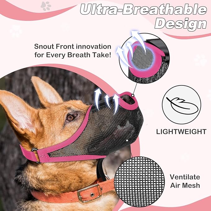 Dog Muzzle, Soft Air Mesh Muzzle for Small Medium Large Dogs Anti Biting Barking Chewing Scavenging, Breathable Adjustable Loop Pets Muzzle with Front Opening Design Allows Panting Drinking (Pink,XL)-PawvioPets