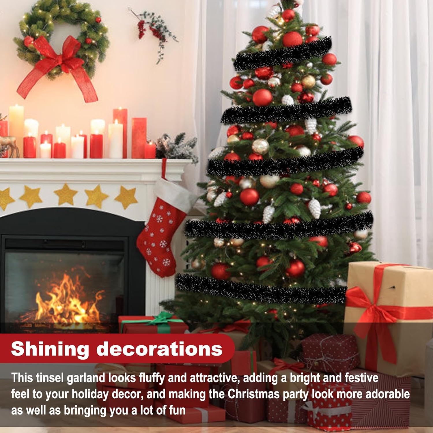 50 Feet Black Christmas Tinsel Garland, Metallic Foil Twist Garland Wall Hanging Tinsel Banner Backdrop for Parade Floats, Easter, Mother's Day, Wedding Party Decorations (2in x 50ft)