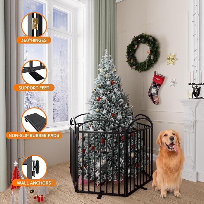 6 Panles Full Matel Freestanding Dog Gates with Door, 144"Extra Wide 32"Tall Free Standing Dog Pet Gate for Indoor & Outdoor. Foldable Pet Fences for Doorways, House, Stairs, Porch, Deck, Yard-PawvioPets