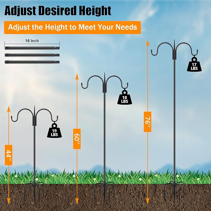 FEED GARDEN Adjustable Double Shepherds Hook for Outdoor with 5 Prong Base 76 Inch Heavy Duty Two Sided Bird Feeder Pole for Hanging Plant Baskets, Solar Light Lanterns, Wind Chimes 2 Pack-PawvioPets
