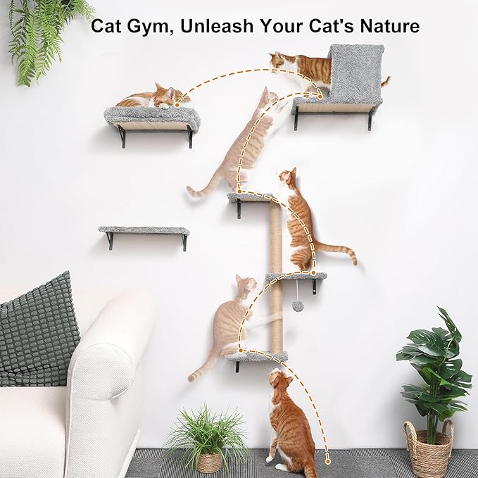 FUKUMARU Cat Wall Shelves, Stable & Safe 4 in 1 Cat Furniture Set, Wooden Climbing Wall with Scratching Post for 16 Inch Drywall - Light Gray-PawvioPets