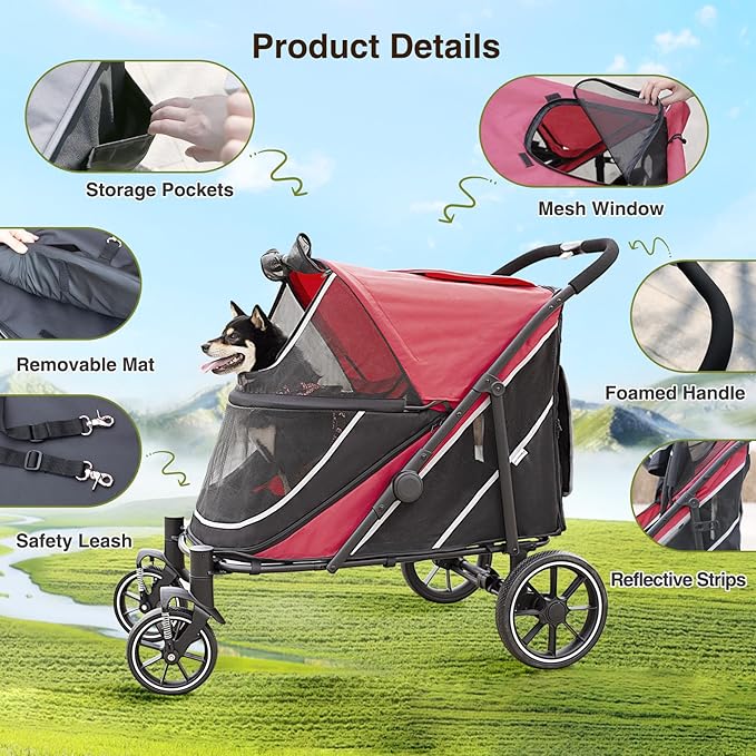 Dog Stroller for Medium/Large Dogs One-Click Folding, Extra Large Pet Stroller for 2 Dogs with Storage Pocket & Shock Absorption, Up to 130 lbs, Red-PawvioPets