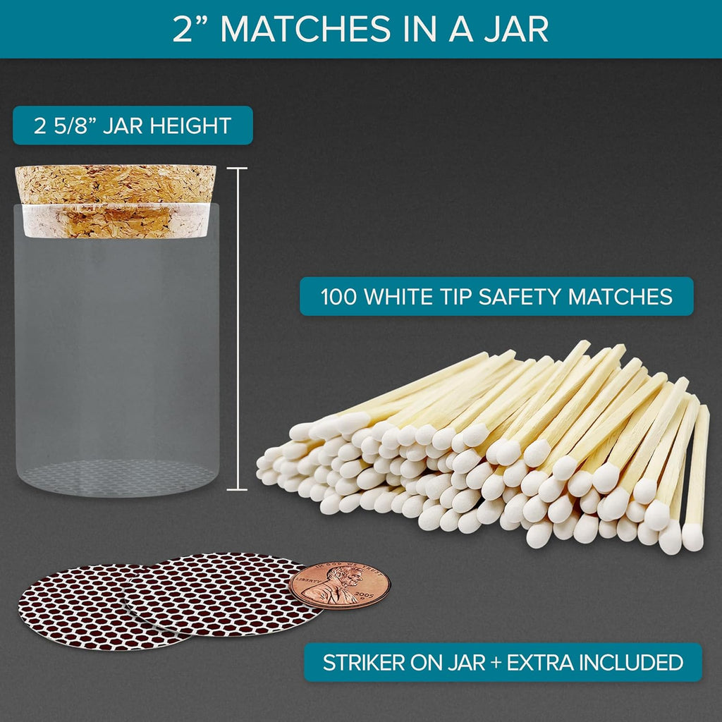 2" White Matches in a Jar + Striker Stickers Included | 100 Classy White Tip Decorative Safety Matches with a Cork Top Glass Holder | Gifts, Home Decor, & Candle Accessories by Thankful Greetings