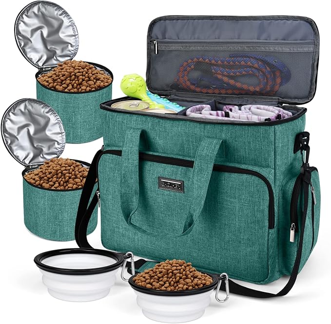 BAGLHER Dog Travel Bag, Airline Approved Pet Tote Organizer with Multi-Function Pockets, 2 X Food Storage Containers and 2 X Collapsible Dog Bowls, Perfect Weekend Pet Travel Set for Dog, Cat Green-PawvioPets