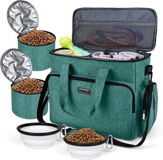 BAGLHER Dog Travel Bag, Airline Approved Pet Tote Organizer with Multi-Function Pockets, 2 X Food Storage Containers and 2 X Collapsible Dog Bowls, Perfect Weekend Pet Travel Set for Dog, Cat Green-PawvioPets