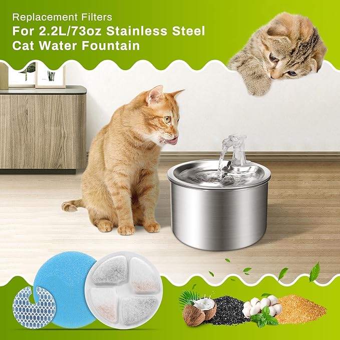 5 Set Cat Water Fountain Filter Replacement for Round 2L/67oz Stainless Steel Cat Fountain, ZEKIRY Pet Fountain Filter, Triple Filtration Replacement Filters(5 Filter, 5 Sponge, 5 8D Sponge)-PawvioPets