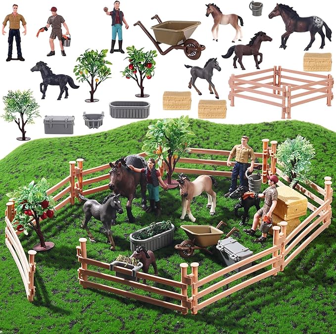 27 Pcs Horse Ranch Playset, 5 Horse Figurines 3 People Figurines 8 Fence 3 Model Trees 1 Moss Mat for Diorama Project Educational Gift Cake Topper-PawvioPets