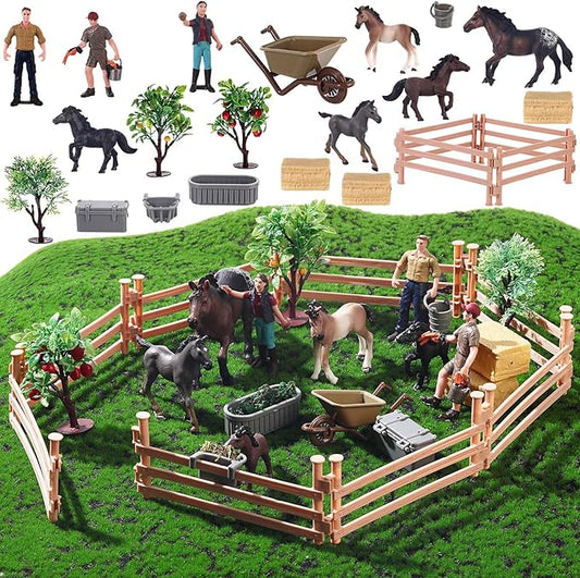 27 Pcs Horse Ranch Playset, 5 Horse Figurines 3 People Figurines 8 Fence 3 Model Trees 1 Moss Mat for Diorama Project Educational Gift Cake Topper-PawvioPets