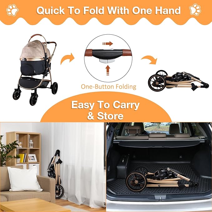Dog Stroller for Small Medium Dogs, 3 in 1 Folding Pet Stroller Up to 33 lbs, 4 Wheels Pet Strolling Cart with Zipperless Entry, Cat Dog Travel Carrier with Cup Holder & Storage Basket-PawvioPets
