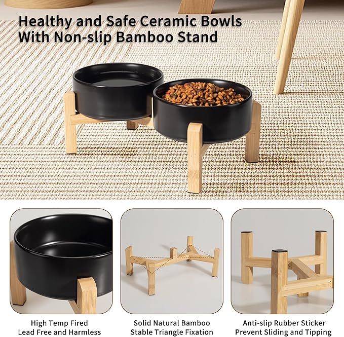 Elevated Ceramic Dog Bowl Set - Raised Feeding Bowls with Non-Slip Bamboo Stand - Small Pet Dishes for Food and Water - Ideal for Cats and Puppies - 16.23 OZ - 2 Cups - 480 ML-PawvioPets