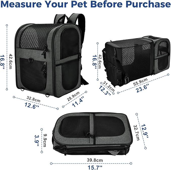 Apollo Walker Pet Carrier Backpack for Large/Small Cats and Dogs, Puppies, Safety Features and Cushion Back Support for Travel, Hiking, Outdoor Use (Gray-Expandable)-PawvioPets