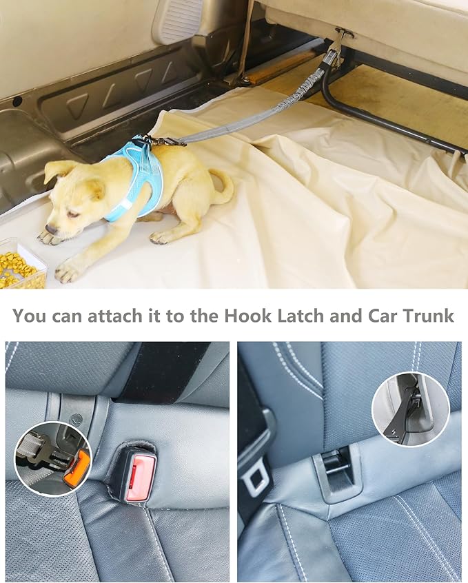 AUBELL Dog Seat Belt for Car,Updated 3-in-1 Adjustable Reflective Bungee Heavy Duty Dog Car Harness Tether with Clip Hook Latch & Buckle,Swivel Zinc Alloy Carabiner,Grey-PawvioPets