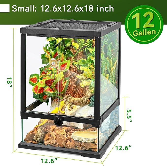 18x12x12 12 Gallon Glass Reptile Tank Front Opening Terrarium Suitable for Leopard Geckos, Snakes Tree Frogs Chameleons Watertight Base, Ventilated Metal Mesh Top, Pre-Drilled Cable Holes-PawvioPets