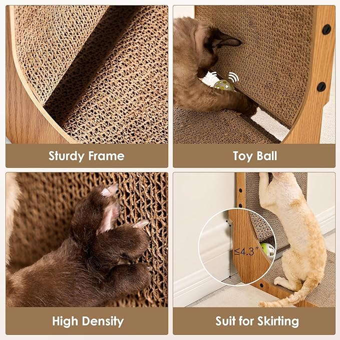 EHEYCIGA Cardboard Cat Scratcher for Indoor Cats, 26.8 Inch L Shaped Vertical Cat Scratching Board with Ball Cat Toy, Large Cat Scratcher Pad, Brown-PawvioPets
