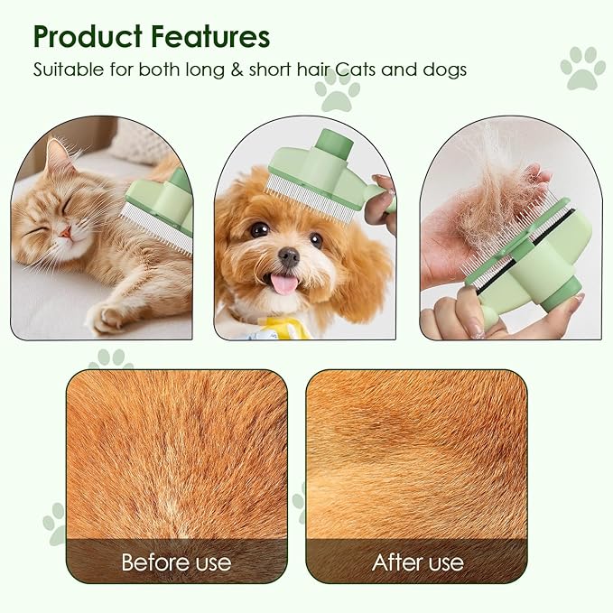 Flea Comb for Cat Hair Removal Comb, 2025 New Self-Cleaning Flea Brush for Cats and Dog, Comfort Cat Hair Removal Tool with Long & Short Stainless Steel Metal Grooming Brush(Green)-PawvioPets