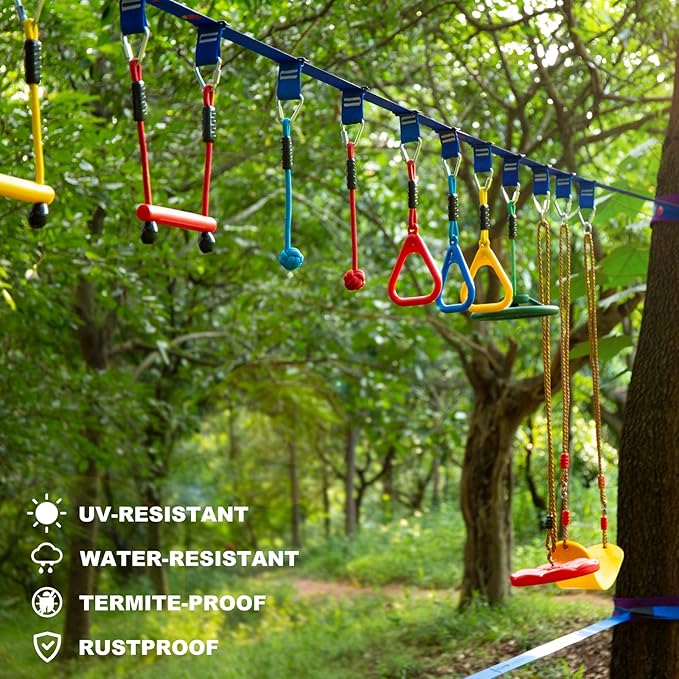 2x65 FT Ninja Warrior Obstacle Course for Kids with 13 Ninja Accessories - 600lbs Weight Capacity, Slackline with Swing Seat, Disc Swing, Ninja Wheel, Rope Ladder, Monkey Bar, Ninja Ring, Arm Trainer-PawvioPets