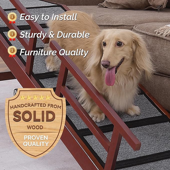 Dog Ramp for Bed or Couch, Wooden Pet Ramp with 20° Gentle Slope, Removable Side Rails, Non-Slip Surface, Top Platform & Wheels, Safe Bed Ramp for Small, Medium & Senior Dogs, 60" Long, Mahogany-PawvioPets