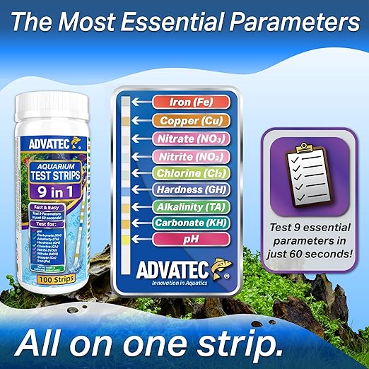 9 in 1 Aquarium Test Strips for Salt & Freshwater, Fish Tank Tester Kit for Iron, Copper, Carbonate, pH, Nitrate, Nitrite, Chlorine, Total Hardness & Alkalinity - 100 Count-PawvioPets