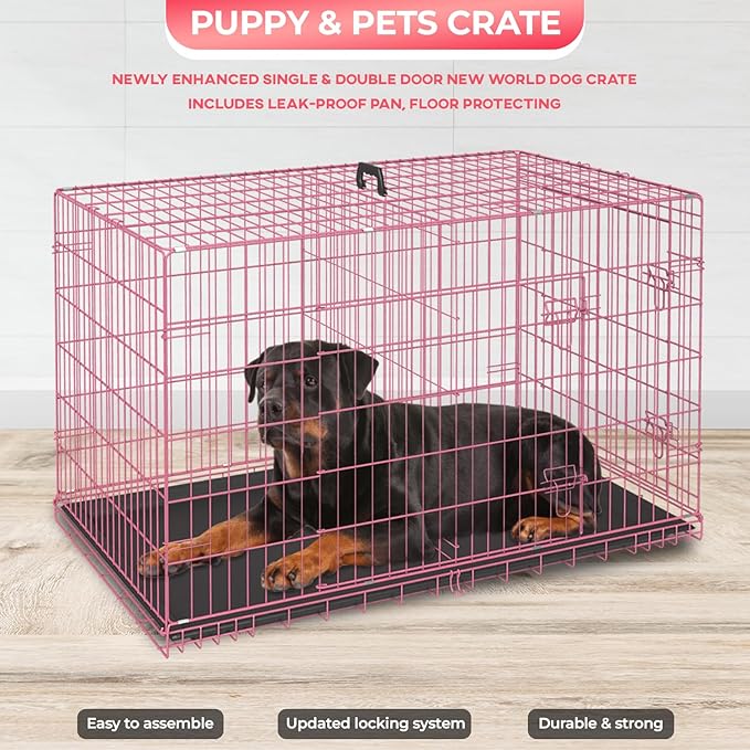 FDW Dog Crate for Large Dogs 48 Inch Folding Metal WirePet Cage Double Door W/Divider Panel Indoor Outdoor Kennel Leak-Proof Plastic Tray,Pink-PawvioPets