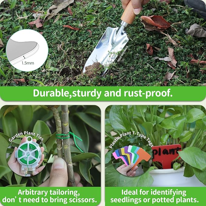 Garden Tool Set, 3 Pieces Gardening Kit with Garden Plant Twist Tie and Plastic Plant Tag, Stainless Steel Heavy Duty Garden Tools with Wooden Handle, Gardening Gifts for Women-PawvioPets