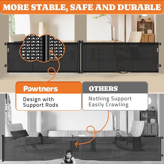 2-in-1 Retractable Baby Gates, 41" Tall Mesh Dog Gate 1-Pack, One Side Up to 200" Wide, Total 400" Wide, Long Retractable Pet Gate for Yard Swimming Pool Garage Indoor Outdoor-Black-PawvioPets