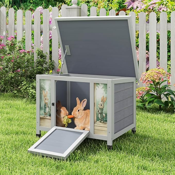 COZIWOW 24in Wooden Cat House Outdoor & Indoor Pet Shelter with Foldable Ramp - Weatherproof Rabbit Hutch with Unique Machine-Printed Art Designs for Cat, Rabbit, Guinea Pig (Grey)-PawvioPets