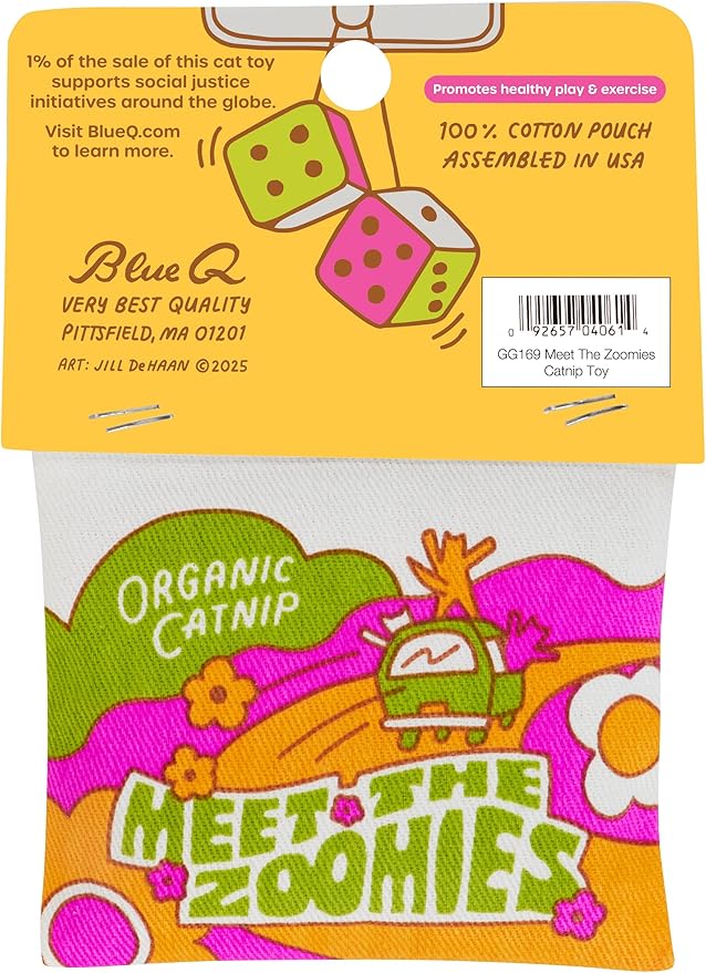 Blue Q Meet The Zoomies Catnip Cat Toy. Premium Organic Catnip Grown in The USA, 100% Cotton Pouches, Kitty Graphics Sure to Delight Every Cat-Keeper.-PawvioPets