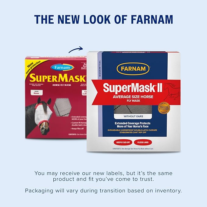 Farnam SuperMask II horse fly mask without ears, extended coverage, protects eyes from insects and debris, adjustable throat latch, Average Horse Size-PawvioPets
