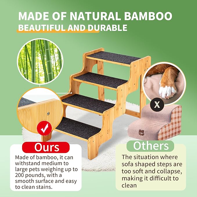 Dog Stairs for Small Dogs,3-Step Bamboo Wooden Dog/Pet/Cat Steps Ramp for Couch Sofa,Bed and Car, Can Support Weighing Up to 160 LB,-PawvioPets