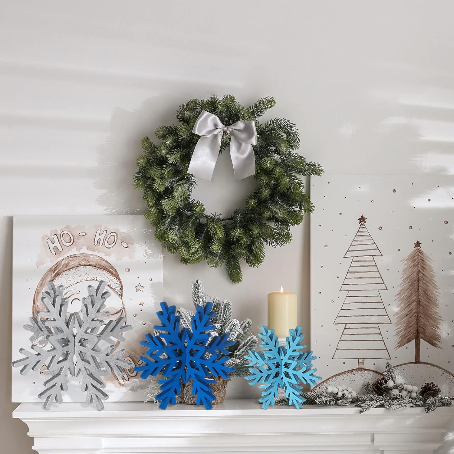 Bucherry 12 Pcs Wooden Snowflake Table Decor 3D Snowflake Tabletop Signs and Centerpiece for Christmas Xmas Winter Wonderland Decorations Home Party(Silver)