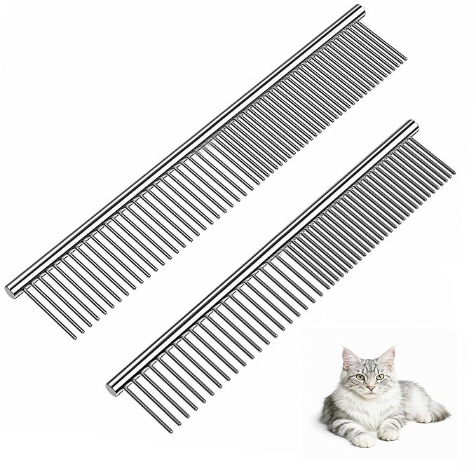 Dog Comb and Cat Combs Stainless Steel Teeth, Grooming Tool for Long & Short Hair, Dematting Comb for Dogs, Removes Tangles & Knots (Small and Large Silver)-PawvioPets