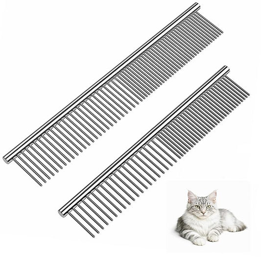 Dog Comb and Cat Combs Stainless Steel Teeth, Grooming Tool for Long & Short Hair, Dematting Comb for Dogs, Removes Tangles & Knots (Small and Large Silver)-PawvioPets