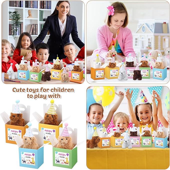 20 Pcs Mini Plush Dog Bulk 4 Inch Small Stuffed Puppy Set Include 20 Adopt a Pet Kraft Paper Boxes and 20 Cute Cone Hats Soft Dog Animals for Kids Birthday Adopt a Puppy Favor Gifts-PawvioPets