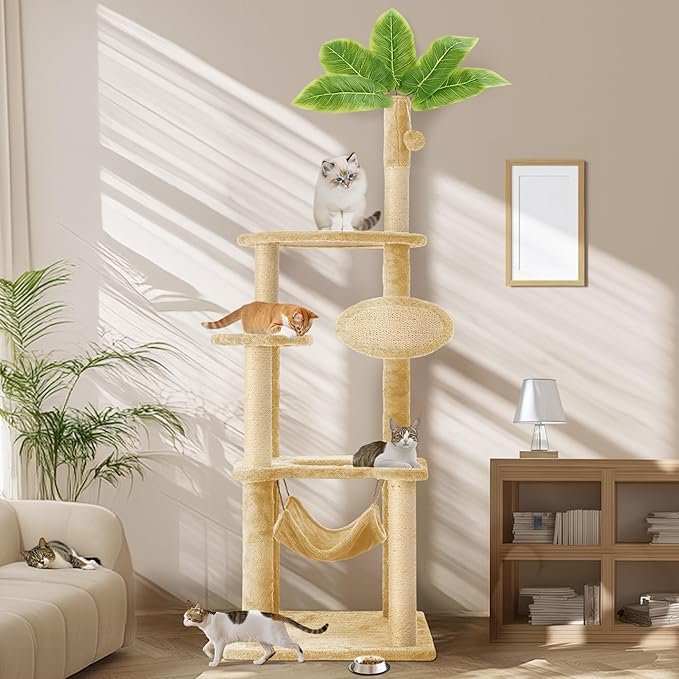 55 Inch Large Cat Tree Tower for Indoor Cats with Hammock Green Leaves Sisal Scratching Post, Plush Hang Ball Play Furniture for Kittens & Adult Cats, New Beige-PawvioPets