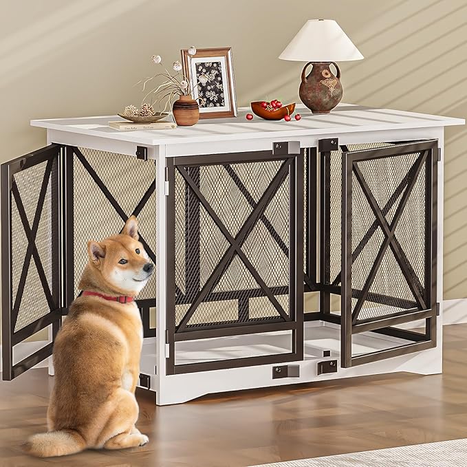 COZPAW Large Dog Crate Furniture - 48 inch Heavy Duty Dog Kennel Indoor for XLarge Breed with Double Doors, Wooden Dog Cage XL Modern Decorative End Table Pet House (White)-PawvioPets