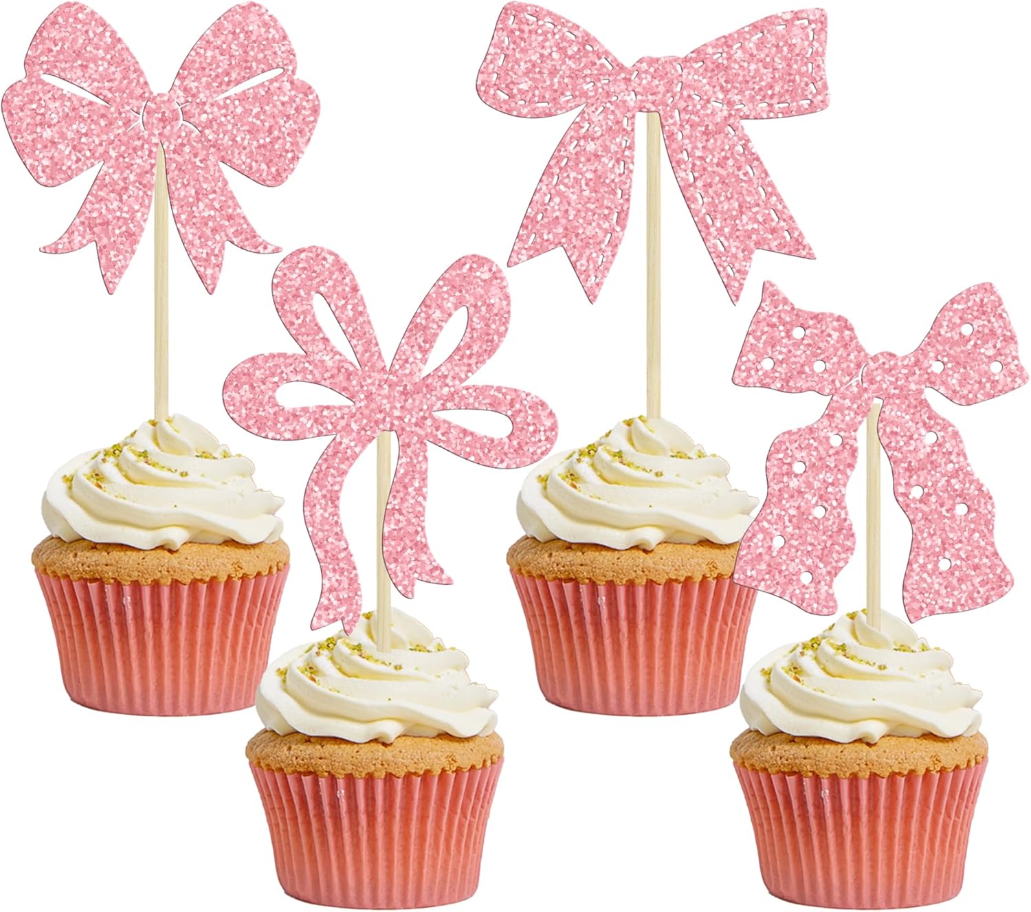 Ephlyn 24Pcs Bow Cupcake Toppers Pink Girls Birthday Party Decorations Bowknot Cupcake Toppers Bow Tie Birthday Cupcake Decorations Dessert Cake Toppers for Wedding Bachelorette Party Pink
