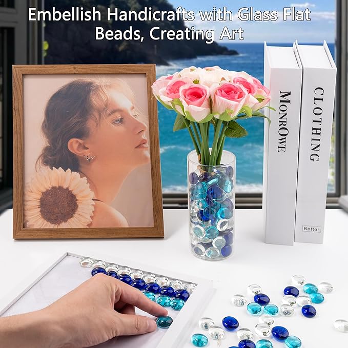 1LB Mixed Blue Glass Marbles, Transparent and Smooth Flat Glass Beads for Vases, Mosaic Gem Pebbles for Aquarium Decor, Floral Arrangements, Mancala Stones, Vase Filler and Crafts (Approx. 80-100 PCS)-PawvioPets