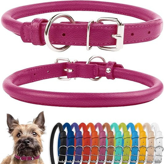 CollarDirect Rolled Leather Dog Collar, Soft Padded Round Puppy Collar, Handmade Genuine Leather Collar Dog Small Large Cat Collars 13 Colors (6-7 Inch, Pink Textured)-PawvioPets