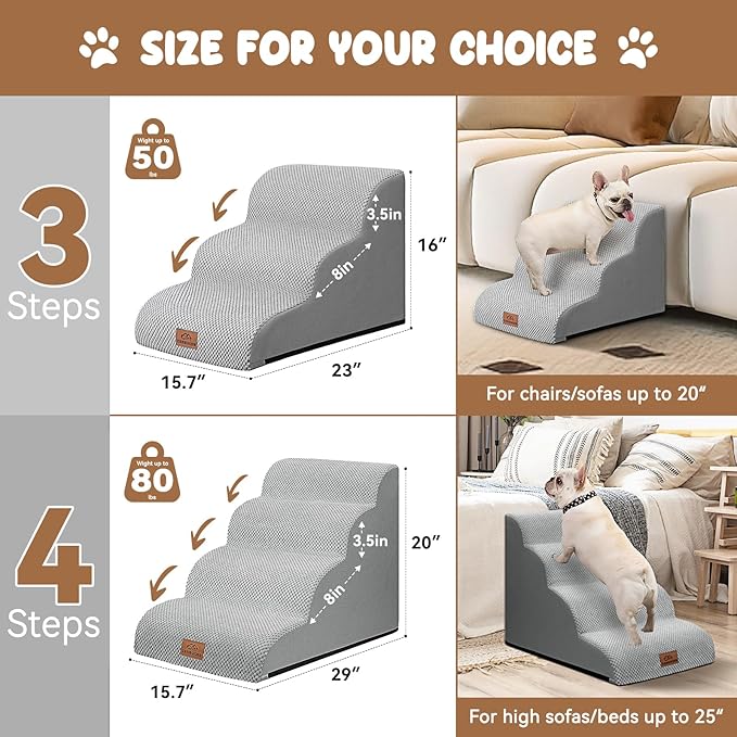 Dog Ramp and Stair for Bed 16" H-20 H,3-Step Cat Stair for Sofa and Chair,4-Step Dog Ramp for High Bed and Window,Durable Nonslip Fabric Cover for Indoor (Light Grey-20 H, Pet Friendly, 4)-PawvioPets