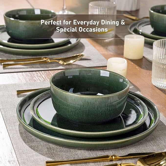 GBHOME Ceramic Dinnerware Sets for 6, 18 Pieces Stoneware Plates and Bowls Sets, Reactive Glaze Dishes -Scratch Resistant, Dishwasher&Microwave Safe, Earth Green-PawvioPets